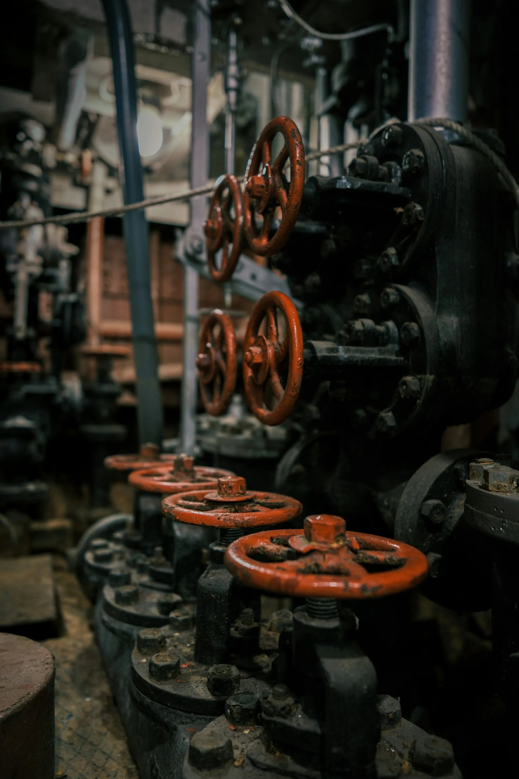 Red valve handles on pipes in a mechanical room